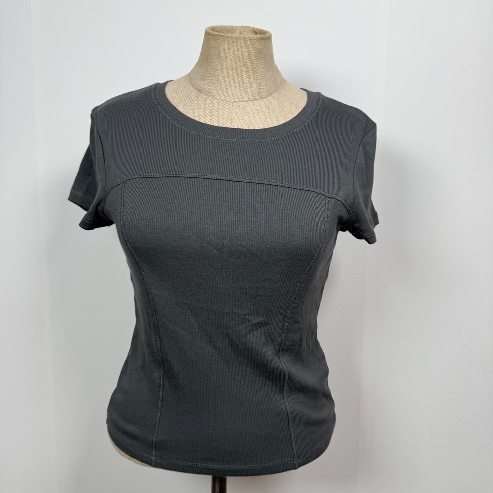 OYSHO Women S Ribbed Top Short Sleeve‎ Tee Grey Corset Seam Athleisure Sporty